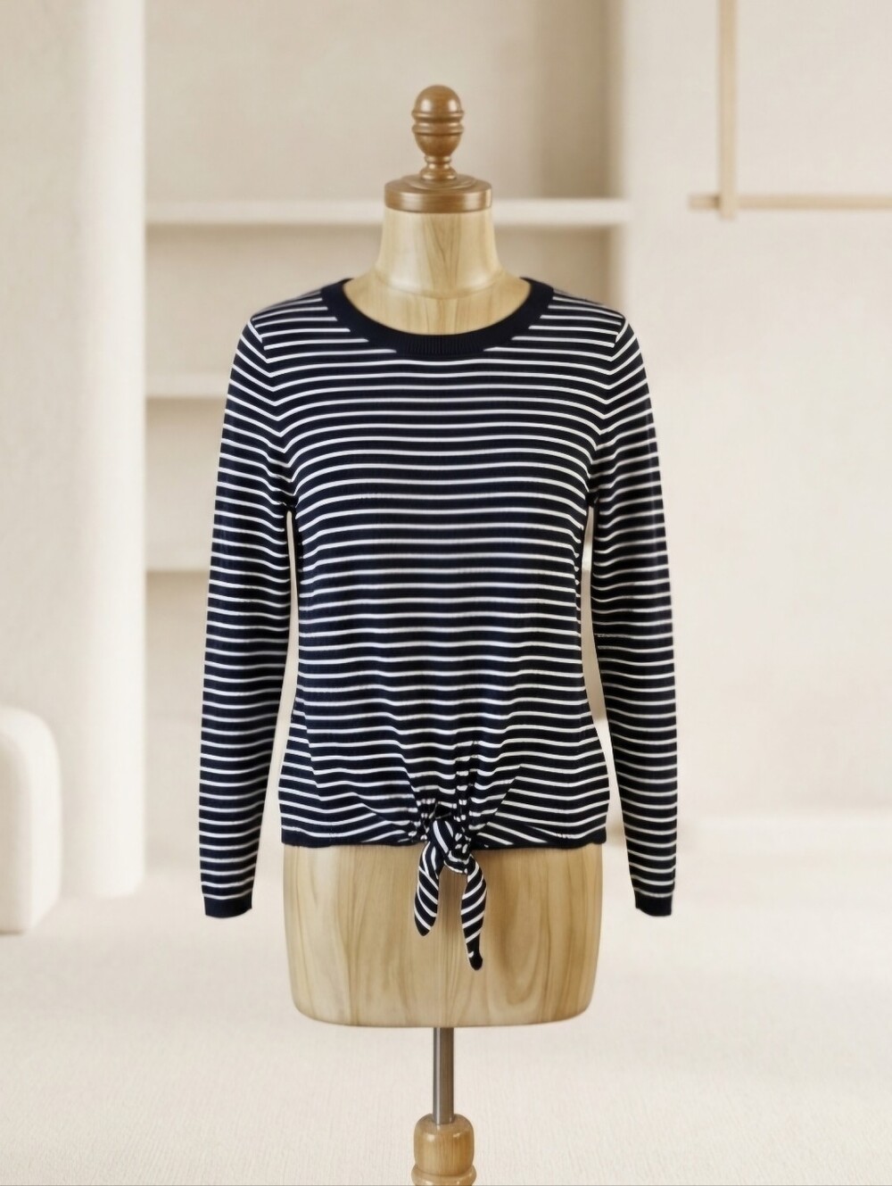 Talbots Navy & White Striped Knit Tie-Bottom Top – Size M Petite